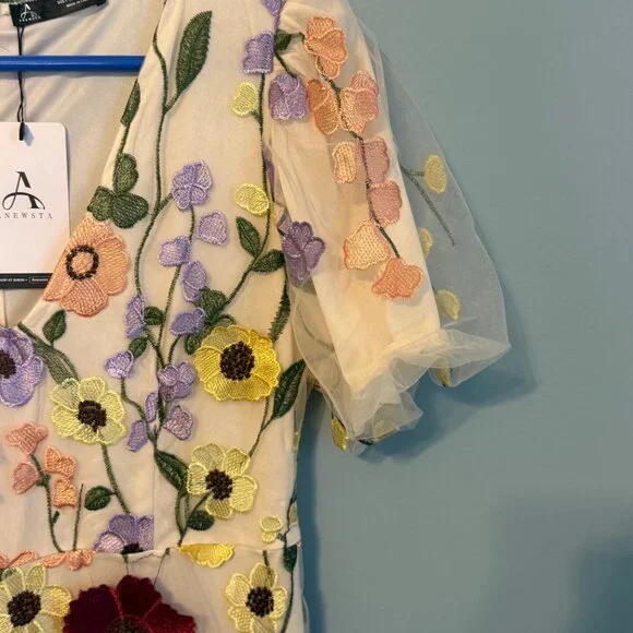 Anewsta Embroidered Floral Applique Mini Dress - Ivory Multi - Size Large - Picture 7 of 10